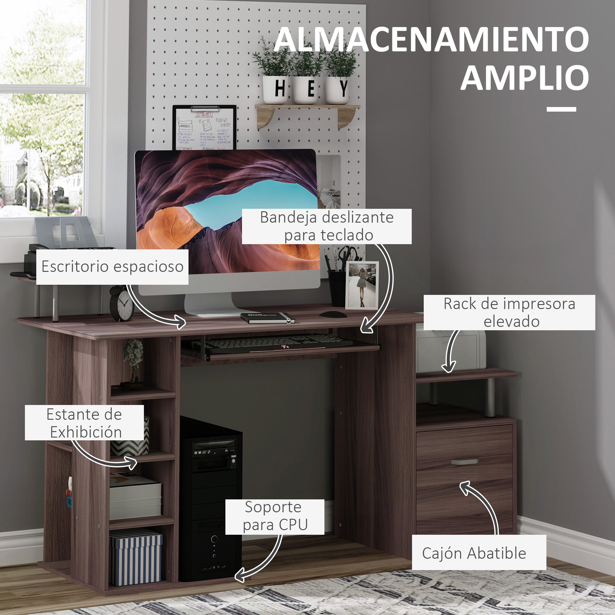 Computer Desk 120 cm Writing Desk with Multiple Shelves Drawer Keyboard Tray Monitor Printer CPU Stands 152x60x88 cm Brown