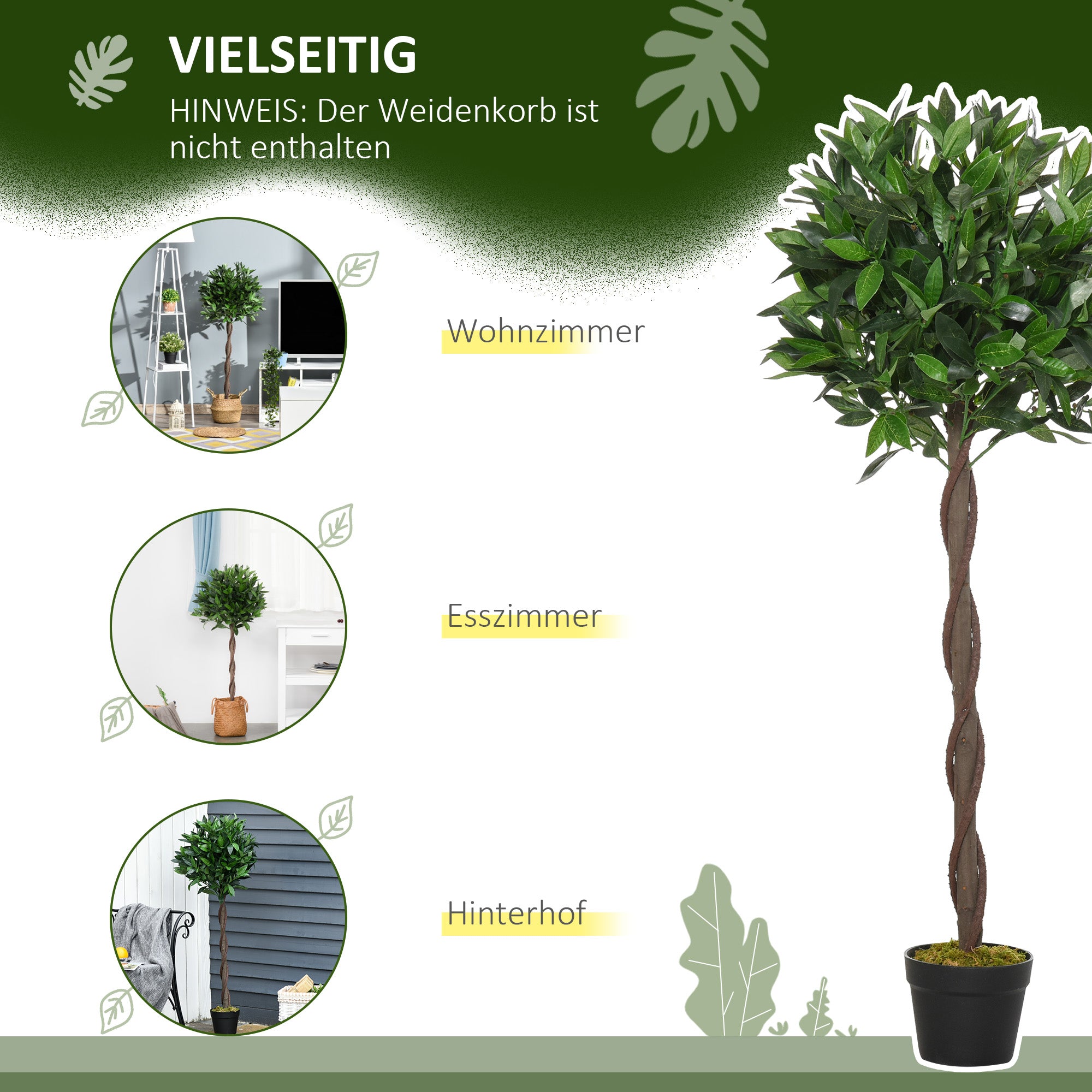 Set of 2 Artificial Laurel Trees, 120 cm Artificial Plants in Cement Pots, Indoor Plant, Artificial Plants for Indoor, Outdoor, Decorative Plants, Green