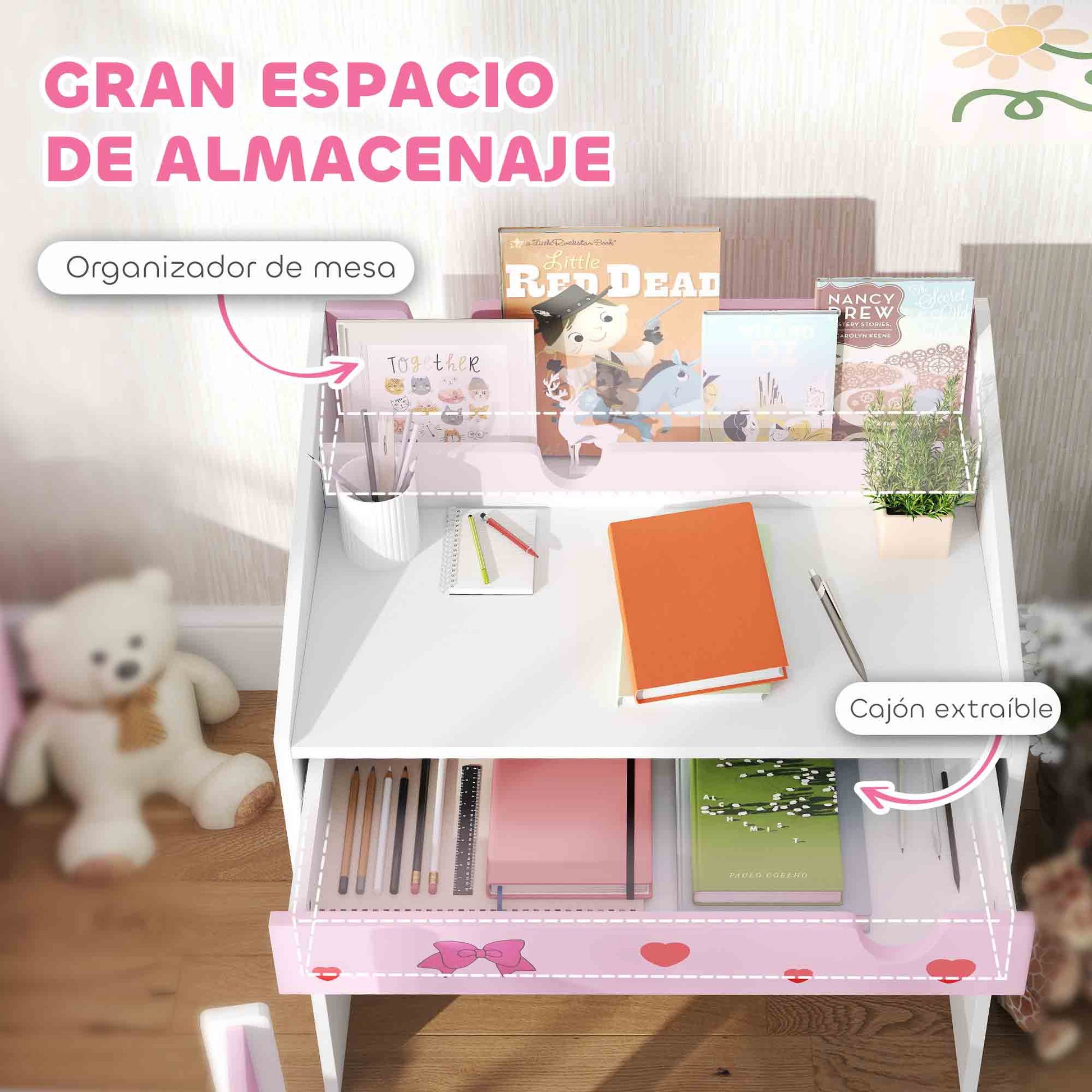 Kids Desk and Chair Set for +3 Years Old Children Children's Desk with Removable Drawer and Compartment for Bedroom Study Room Pink and White