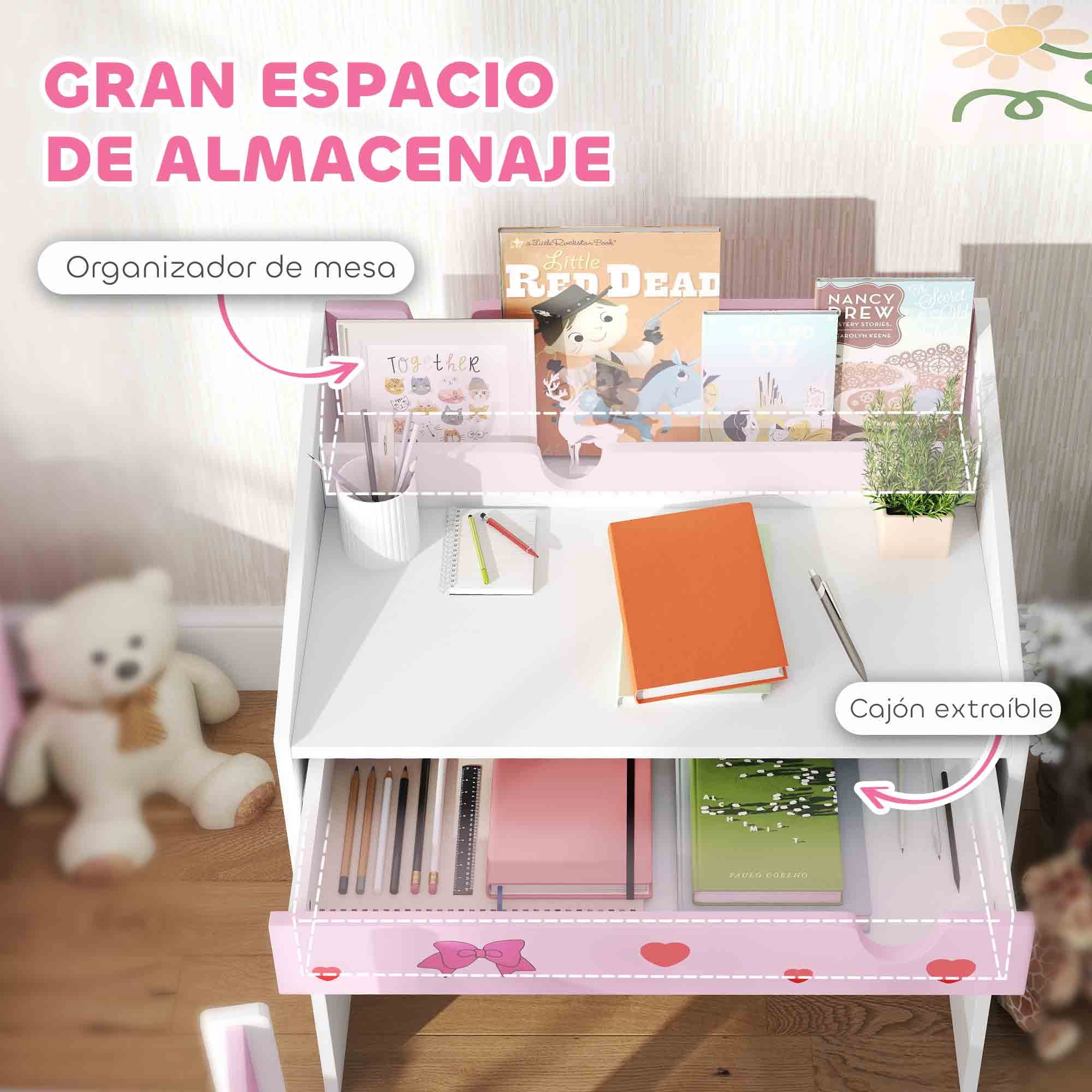 Kids Desk and Chair Set for +3 Years Old Children Children's Desk with Removable Drawer and Compartment for Bedroom Study Room Pink and White