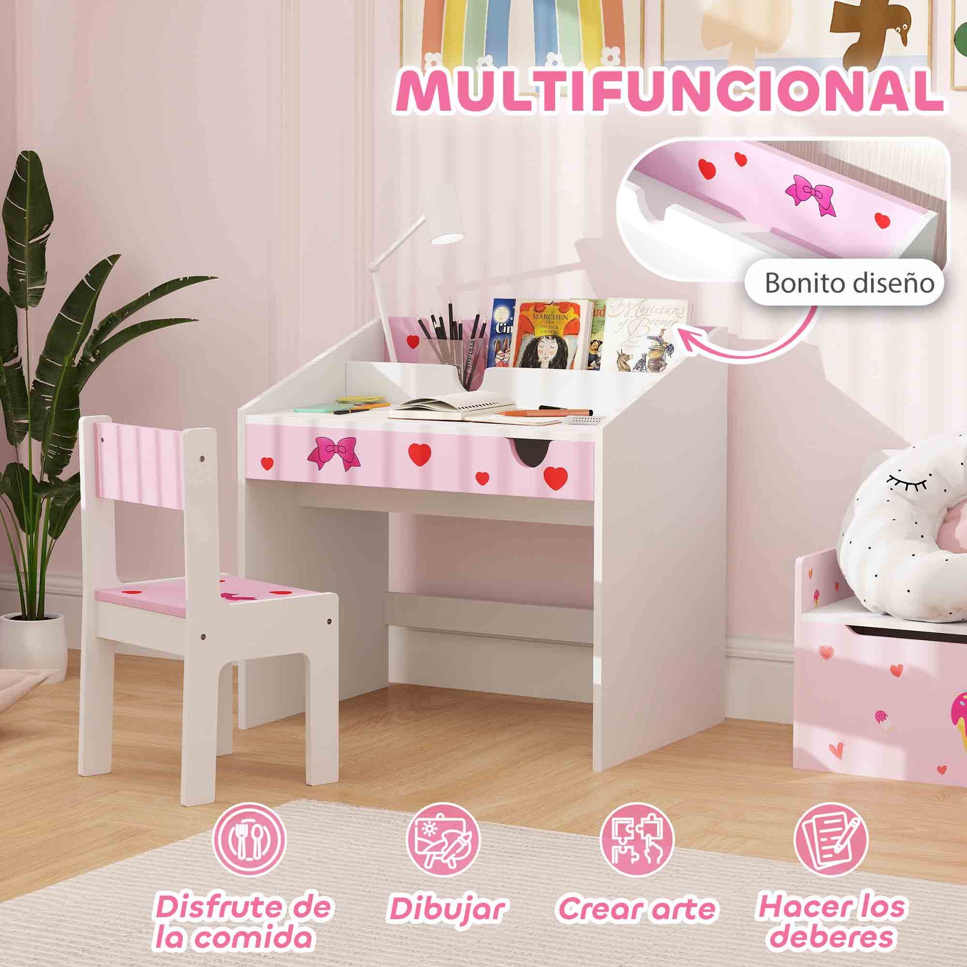 Kids Desk and Chair Set for +3 Years Old Children Children's Desk with Removable Drawer and Compartment for Bedroom Study Room Pink and White