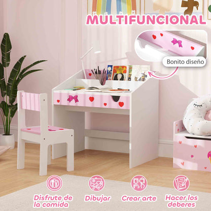 Kids Desk and Chair Set for +3 Years Old Children Children's Desk with Removable Drawer and Compartment for Bedroom Study Room Pink and White