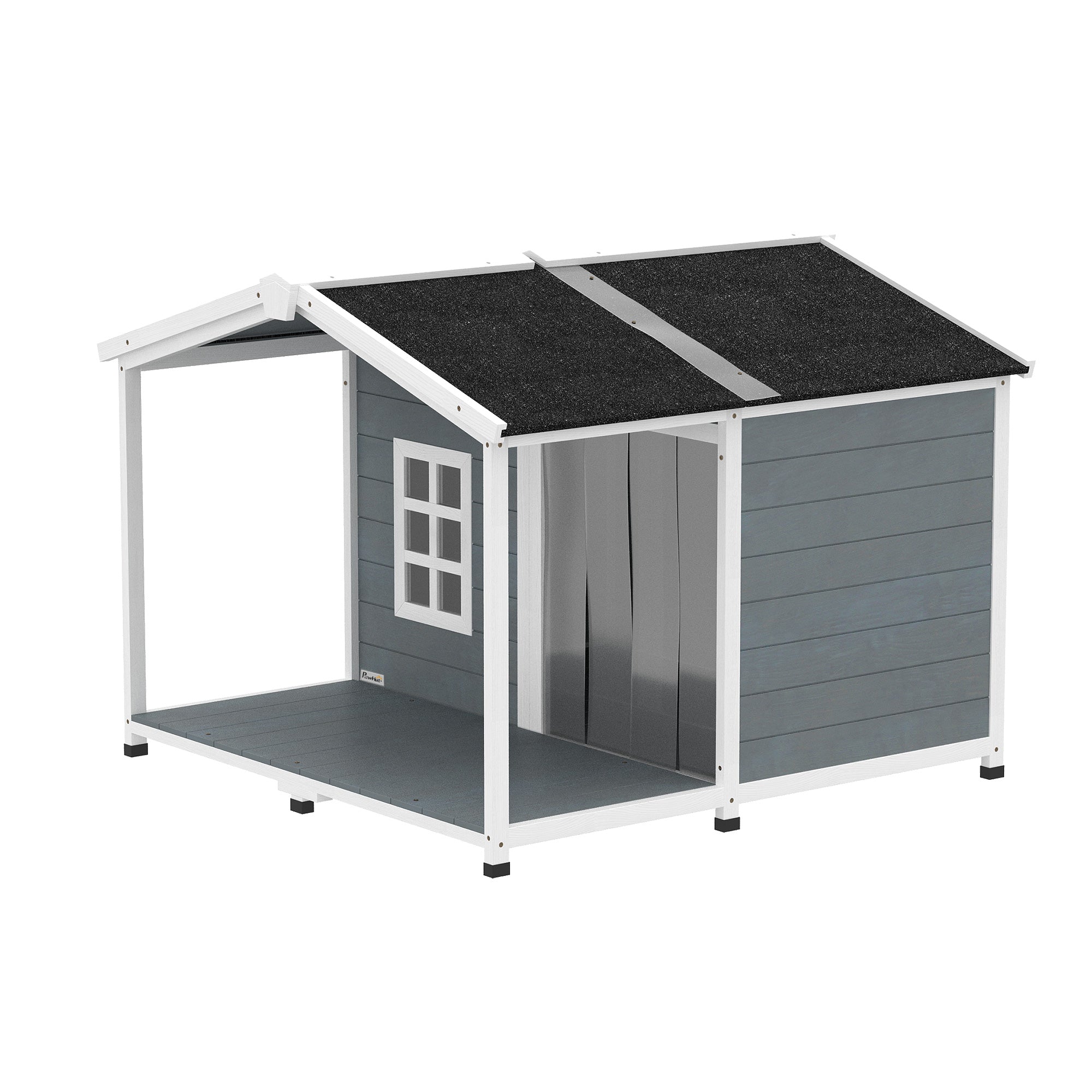 Waterproof Wooden Outdoor Dog House — 40.6 x 42.1 x 32.9 in (103 x 107 x 83.5 cm) Elevated Kennel with Lift-Up Asphalt Roof, Porch & Window — Gray — For Medium Dogs up to 44 lb