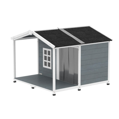 Waterproof Wooden Outdoor Dog House — 40.6 x 42.1 x 32.9 in (103 x 107 x 83.5 cm) Elevated Kennel with Lift-Up Asphalt Roof, Porch & Window — Gray — For Medium Dogs up to 44 lb