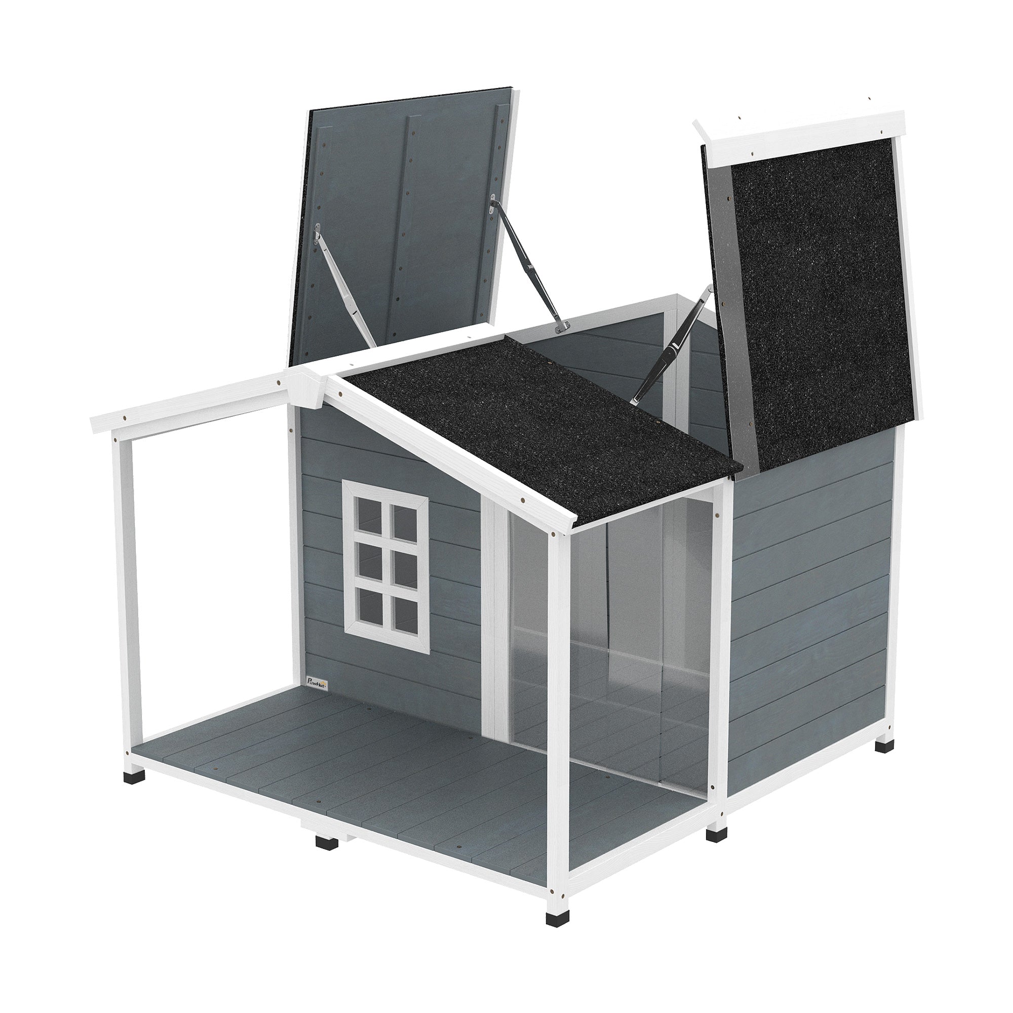 Waterproof Wooden Outdoor Dog House — 40.6 x 42.1 x 32.9 in (103 x 107 x 83.5 cm) Elevated Kennel with Lift-Up Asphalt Roof, Porch & Window — Gray — For Medium Dogs up to 44 lb