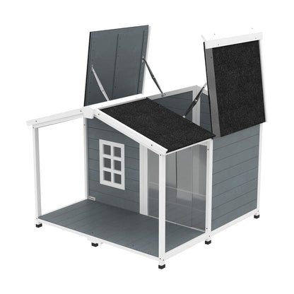 Waterproof Wooden Outdoor Dog House — 40.6 x 42.1 x 32.9 in (103 x 107 x 83.5 cm) Elevated Kennel with Lift-Up Asphalt Roof, Porch & Window — Gray — For Medium Dogs up to 44 lb