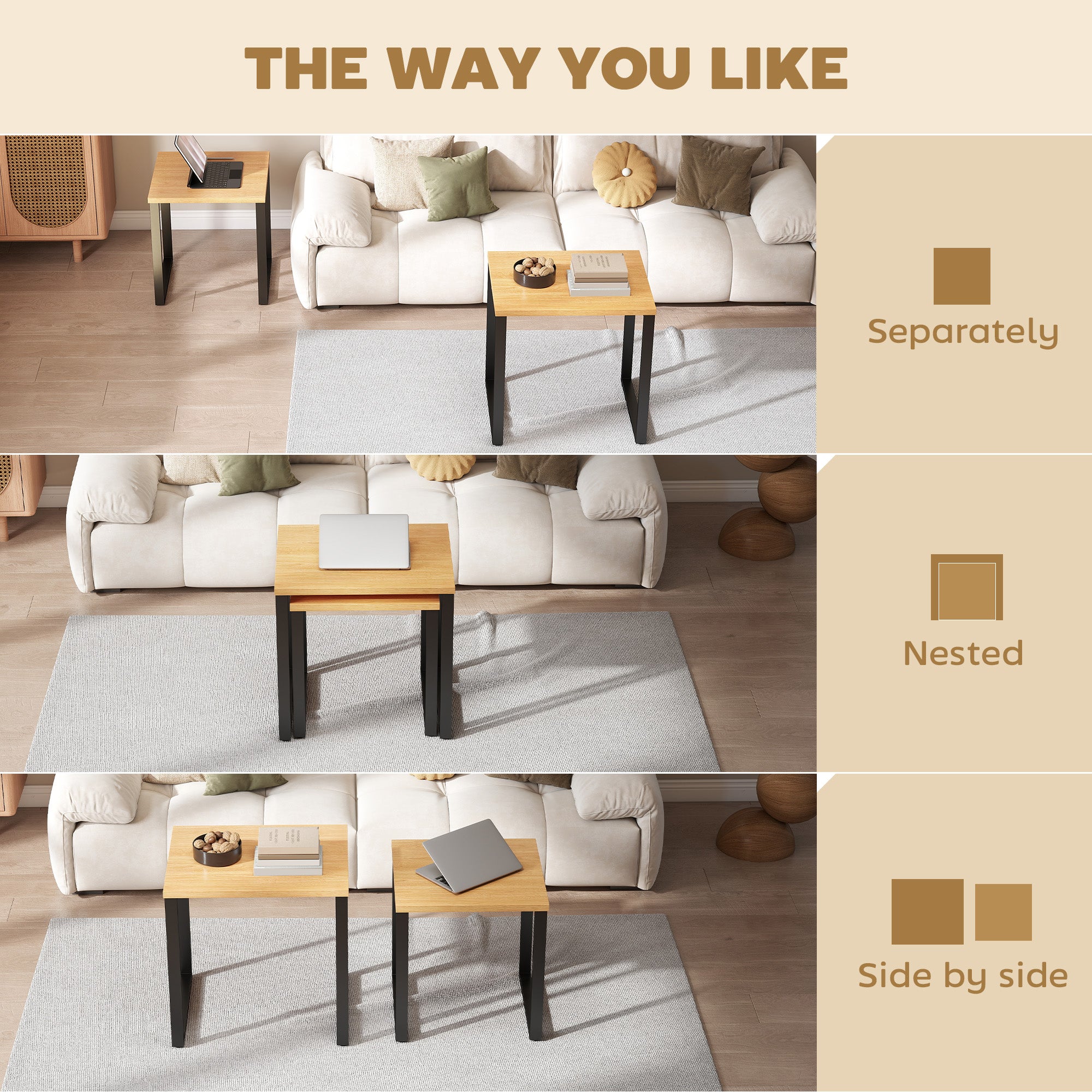 2-Piece Nesting Coffee Table Set with Metal Frame, Natural Wood Finish