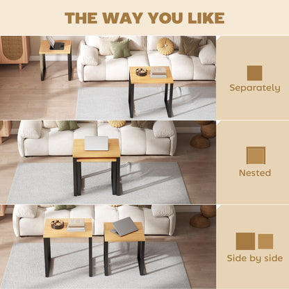 2-Piece Nesting Coffee Table Set with Metal Frame, Natural Wood Finish