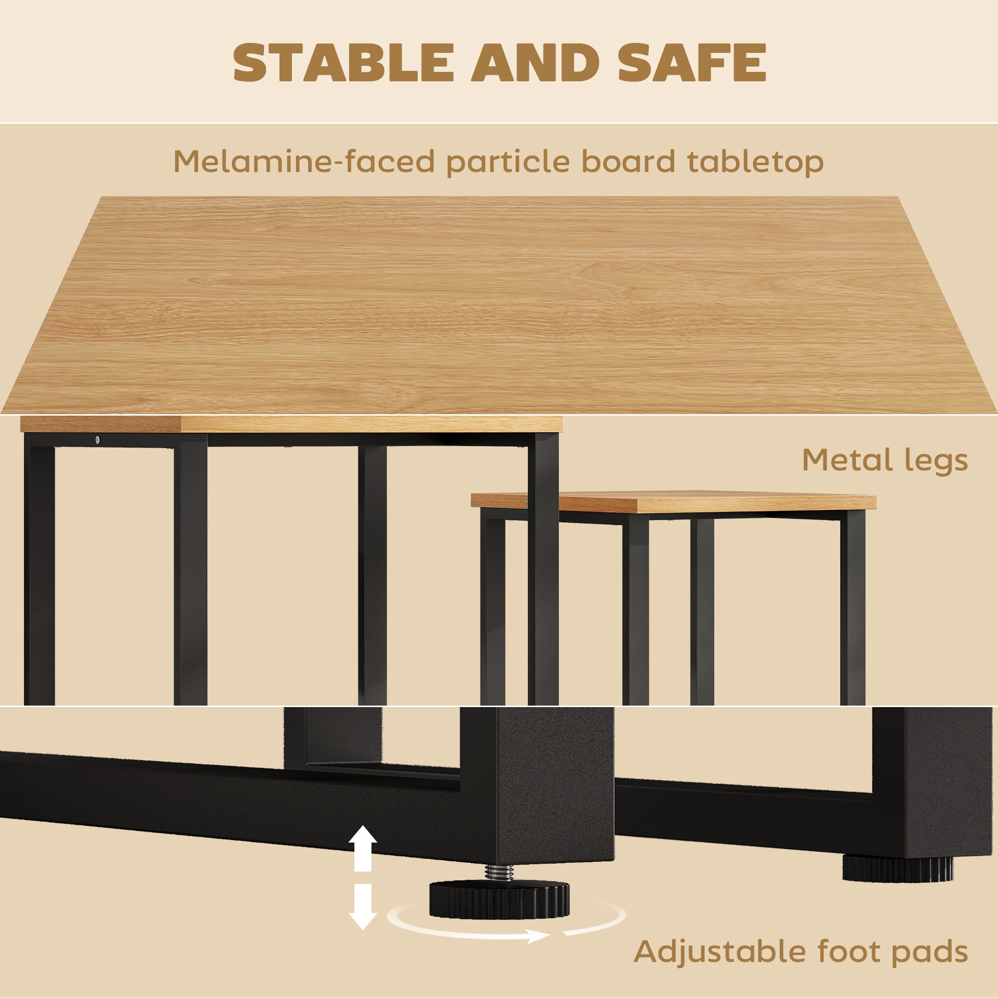 2-Piece Nesting Coffee Table Set with Metal Frame, Natural Wood Finish