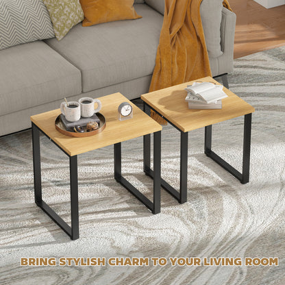 2-Piece Nesting Coffee Table Set with Metal Frame, Natural Wood Finish