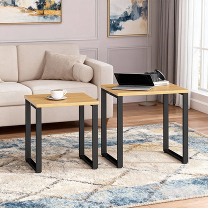 2-Piece Nesting Coffee Table Set with Metal Frame, Natural Wood Finish
