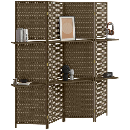 Indoor 4-Panel Screen 181L x 180H cm 2 Foldable Shelves Room Divider Pine Wood Bamboo Woven Paper Fibers Brown