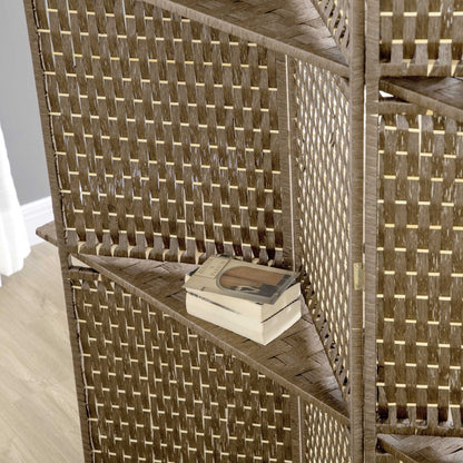 Indoor 4-Panel Screen 181L x 180H cm 2 Foldable Shelves Room Divider Pine Wood Bamboo Woven Paper Fibers Brown
