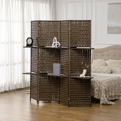 Indoor 4-Panel Screen 181L x 180H cm 2 Foldable Shelves Room Divider Pine Wood Bamboo Woven Paper Fibers Brown