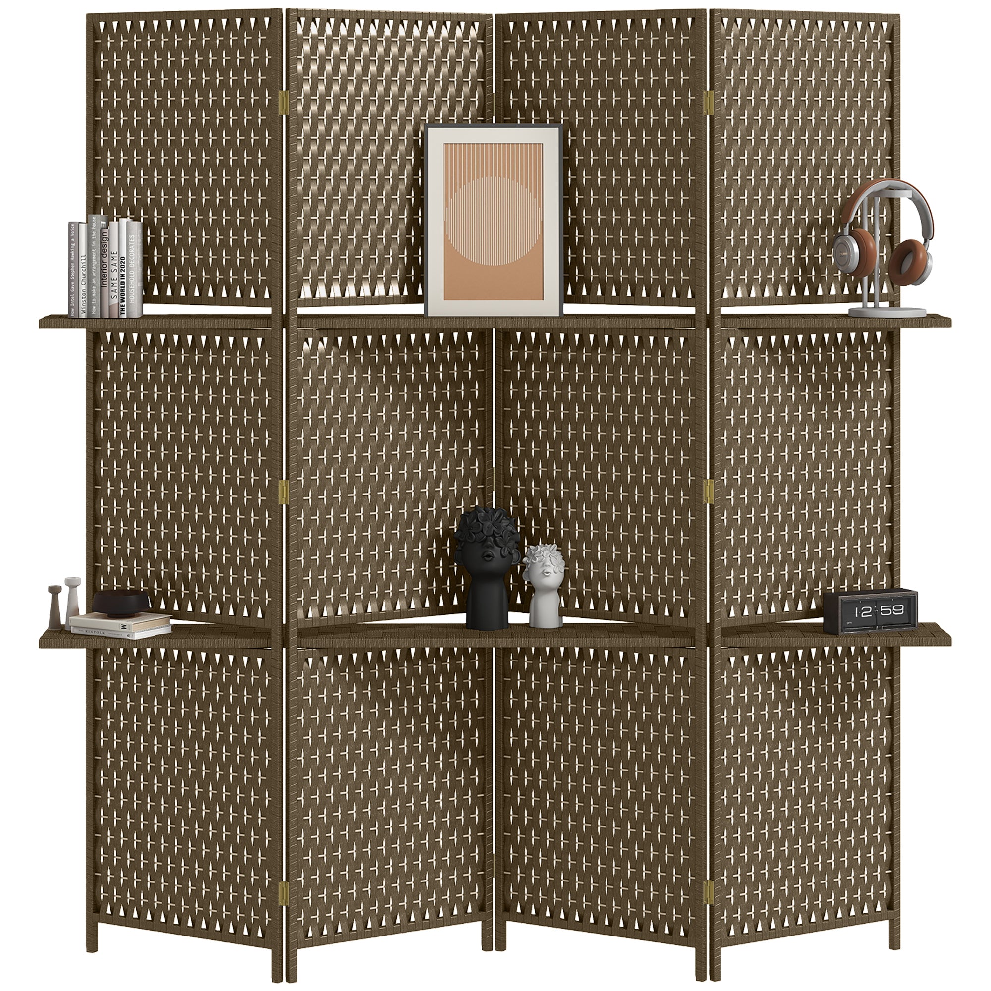 Indoor 4-Panel Screen 181L x 180H cm 2 Foldable Shelves Room Divider Pine Wood Bamboo Woven Paper Fibers Brown