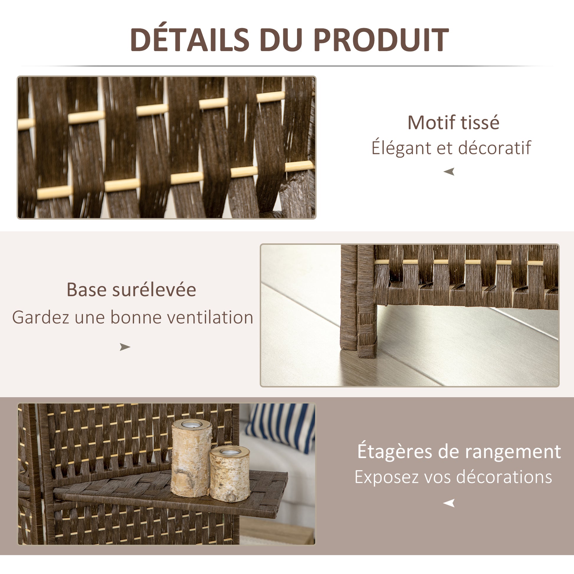 Indoor 4-Panel Screen 181L x 180H cm 2 Foldable Shelves Room Divider Pine Wood Bamboo Woven Paper Fibers Brown