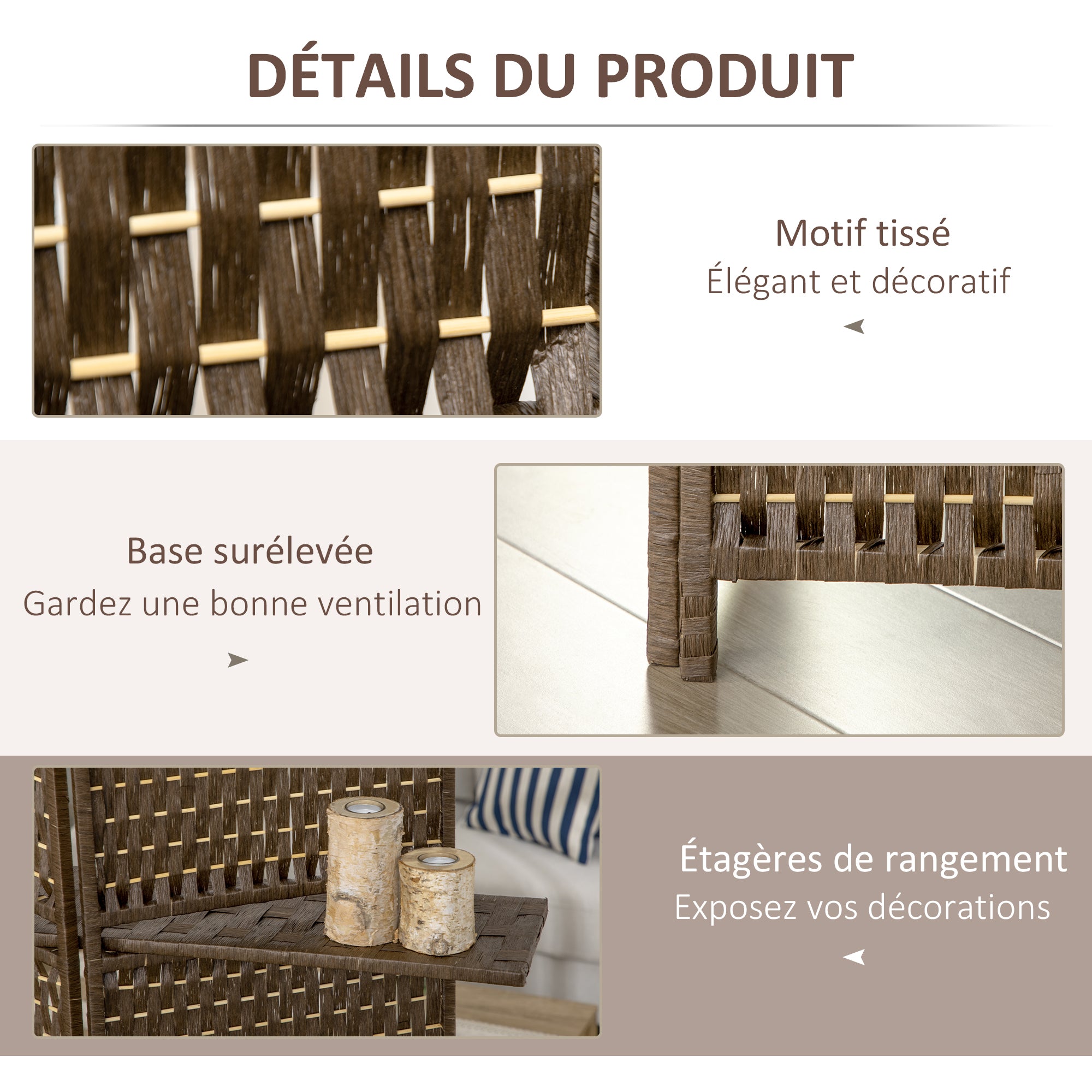 Indoor 4-Panel Screen 181L x 180H cm 2 Foldable Shelves Room Divider Pine Wood Bamboo Woven Paper Fibers Brown