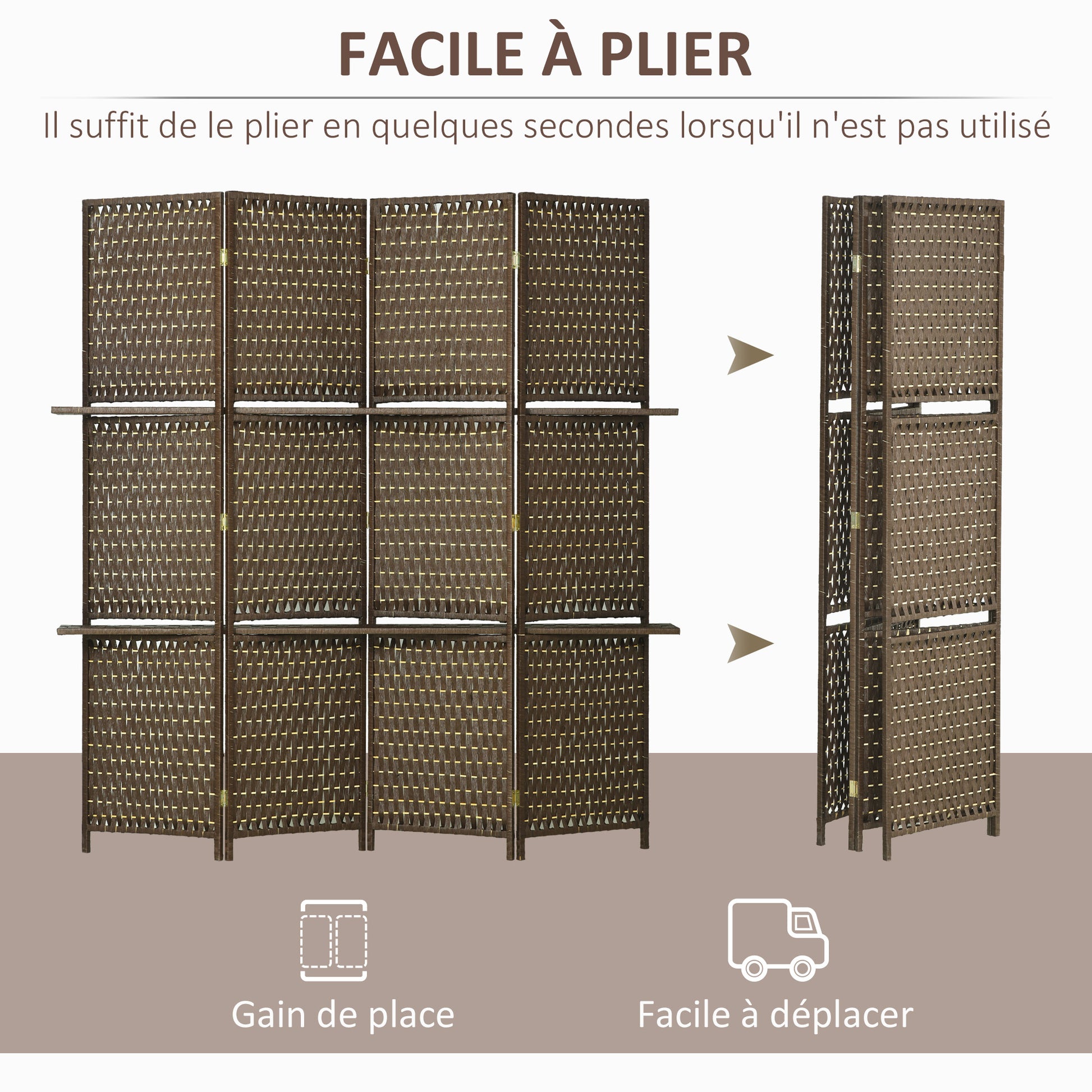 Indoor 4-Panel Screen 181L x 180H cm 2 Foldable Shelves Room Divider Pine Wood Bamboo Woven Paper Fibers Brown