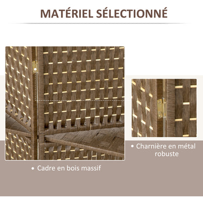Indoor 4-Panel Screen 181L x 180H cm 2 Foldable Shelves Room Divider Pine Wood Bamboo Woven Paper Fibers Brown