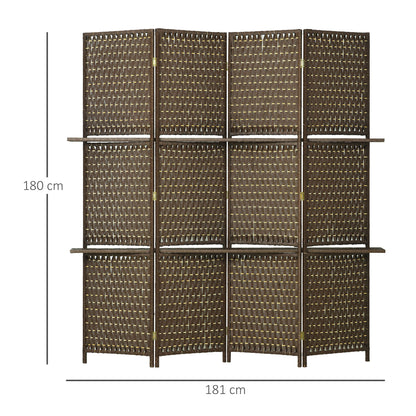 Indoor 4-Panel Screen 181L x 180H cm 2 Foldable Shelves Room Divider Pine Wood Bamboo Woven Paper Fibers Brown