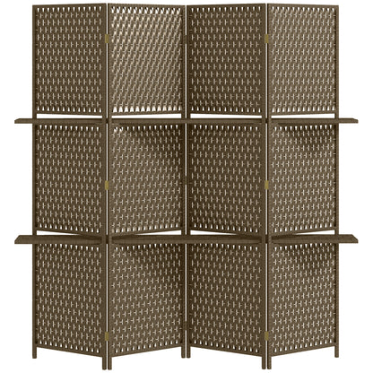 Indoor 4-Panel Screen 181L x 180H cm 2 Foldable Shelves Room Divider Pine Wood Bamboo Woven Paper Fibers Brown