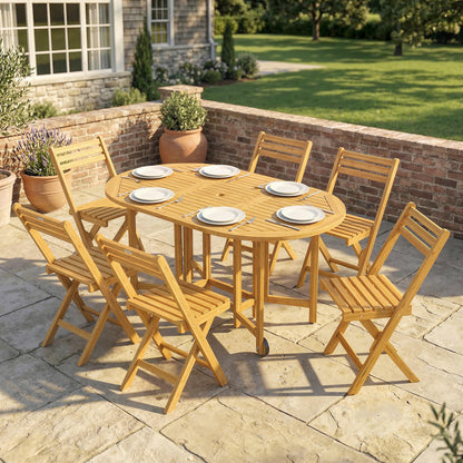 7-Piece FSC Acacia Outdoor Dining Set — Extendable Table & 6 Folding Chairs, Weather-Resistant, Natural Finish, Umbrella Hole