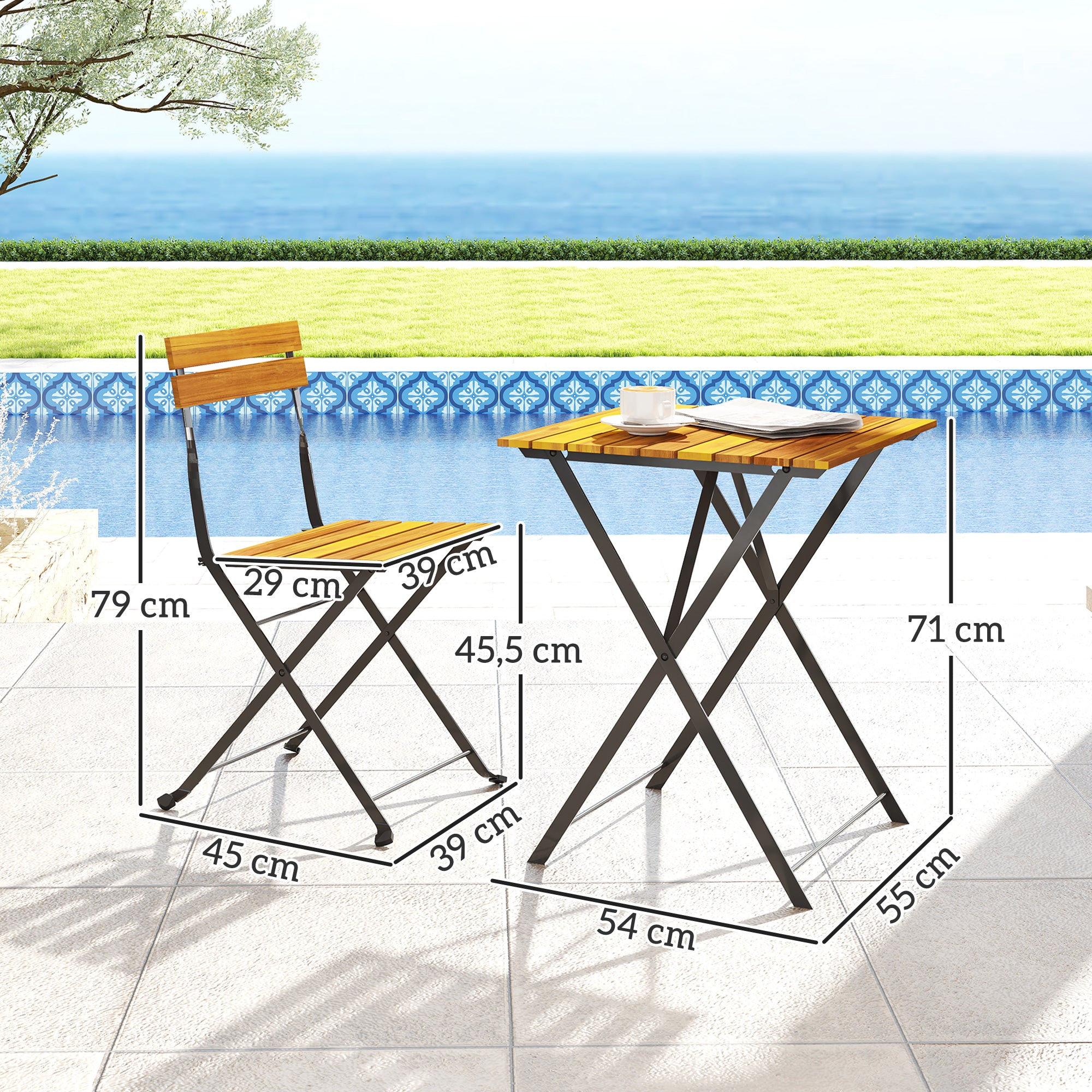 3-Piece Teak Bistro Set for 2 – Folding Table + 2 Folding Chairs, Steel-Frame Patio/Balcony Dining Set