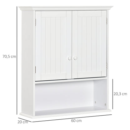 Bathroom Wall Cabinet with 2 Doors Adjustable Inner Shelf and Open Compartment Suspended Auxiliary Furniture Multi-Purpose for Kitchen 60x20x70.5 cm White