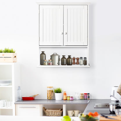 Bathroom Wall Cabinet with 2 Doors Adjustable Inner Shelf and Open Compartment Suspended Auxiliary Furniture Multi-Purpose for Kitchen 60x20x70.5 cm White