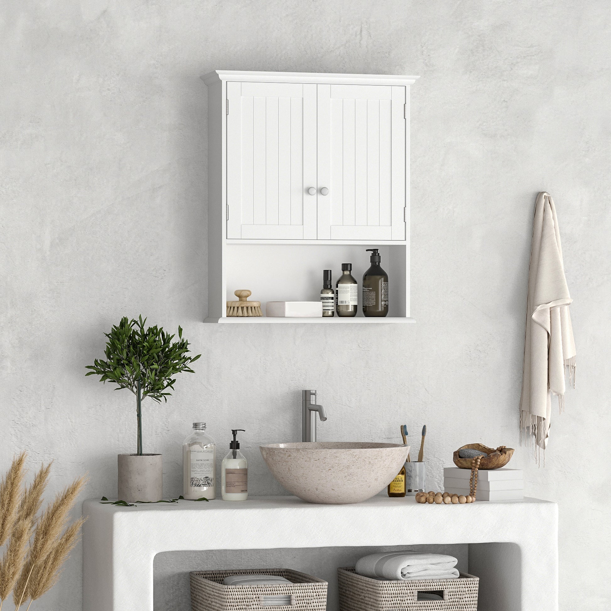 Bathroom Wall Cabinet with 2 Doors Adjustable Inner Shelf and Open Compartment Suspended Auxiliary Furniture Multi-Purpose for Kitchen 60x20x70.5 cm White