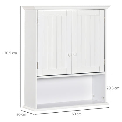 Bathroom Wall Cabinet with 2 Doors Adjustable Inner Shelf and Open Compartment Suspended Auxiliary Furniture Multi-Purpose for Kitchen 60x20x70.5 cm White