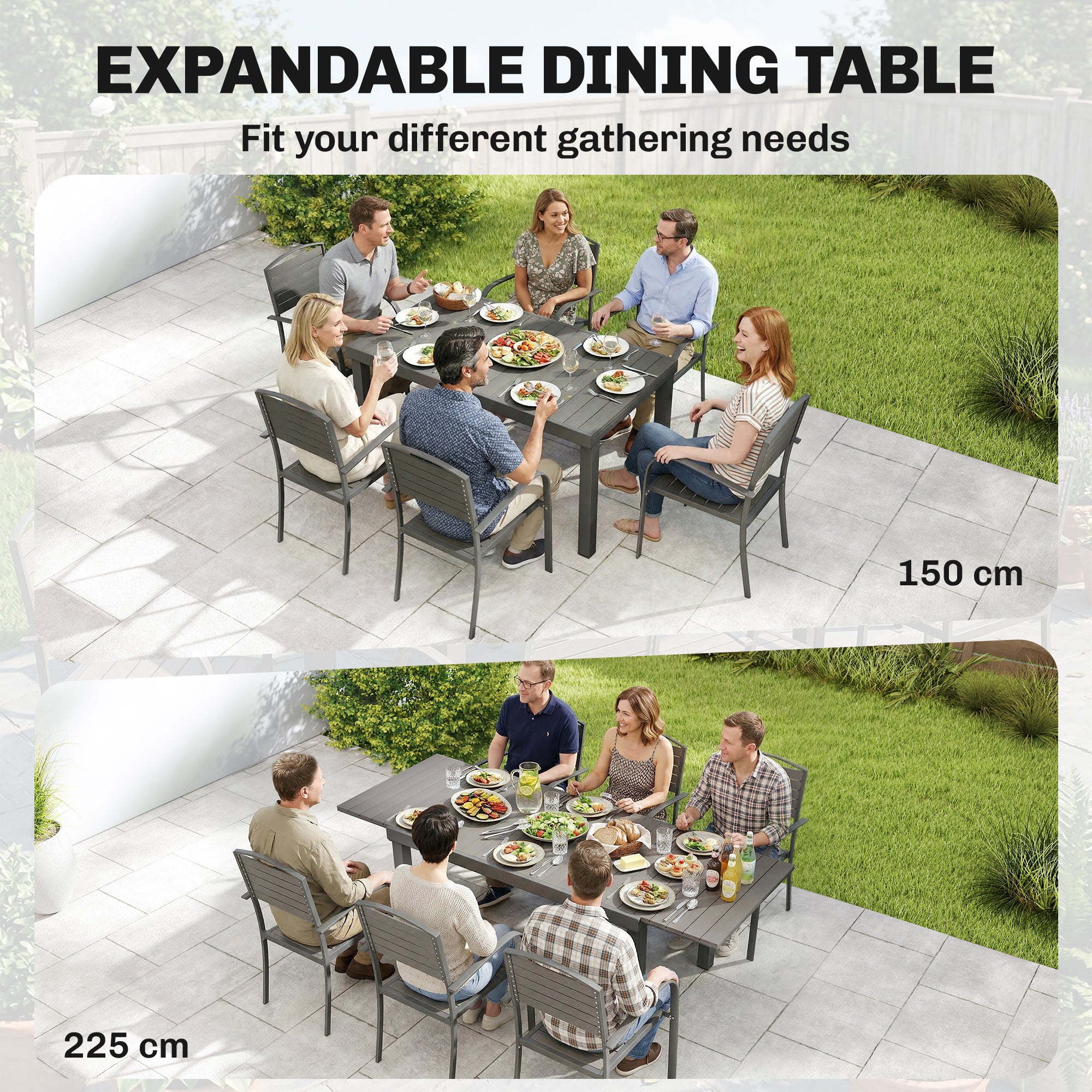 7-Piece Extendable Outdoor Dining Set with 6 Chairs, Wood-Look Slatted Design, Aluminum Frame, Weatherproof, Gray