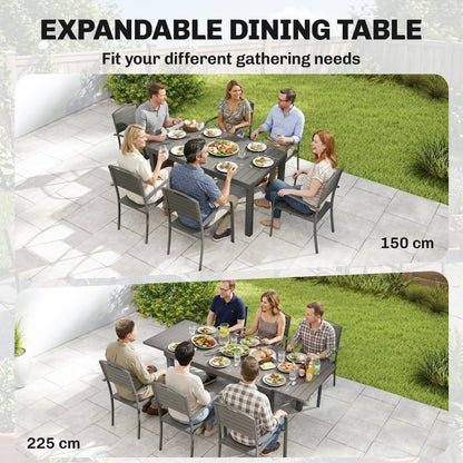 7-Piece Extendable Outdoor Dining Set with 6 Chairs, Wood-Look Slatted Design, Aluminum Frame, Weatherproof, Gray