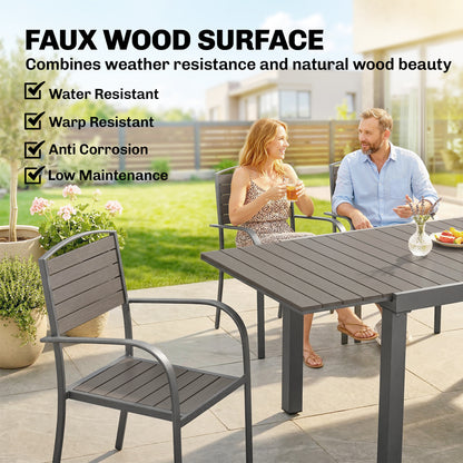 7-Piece Extendable Outdoor Dining Set with 6 Chairs, Wood-Look Slatted Design, Aluminum Frame, Weatherproof, Gray