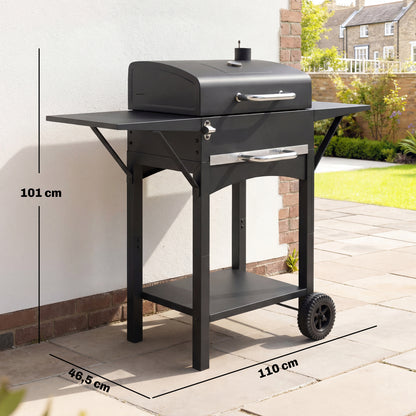 Charcoal Grill with Lid — BBQ Smoker Cart with 2 Side Tables, Large Cooking Area, Thermometer & Wheels, 43.3 x 18.3 x 39.8 in (Black)