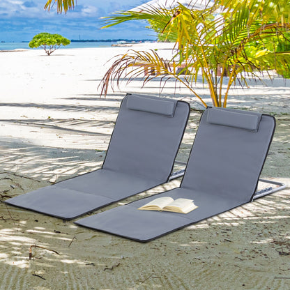 Set of 2 Foldable Beach Mats with Reclining Backrest in 5 Levels Headrest and Carry Bag 134x48x33-43 cm Gray
