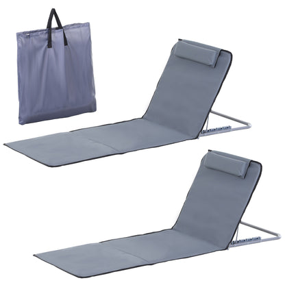 Set of 2 Foldable Beach Mats with Reclining Backrest in 5 Levels Headrest and Carry Bag 134x48x33-43 cm Gray
