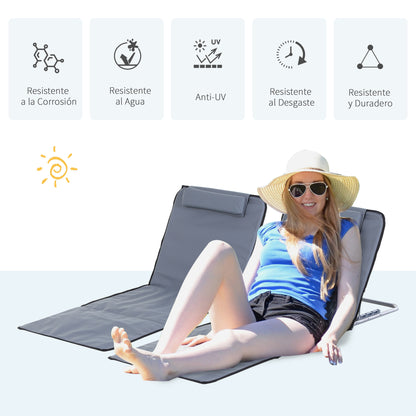 Set of 2 Foldable Beach Mats with Reclining Backrest in 5 Levels Headrest and Carry Bag 134x48x33-43 cm Gray