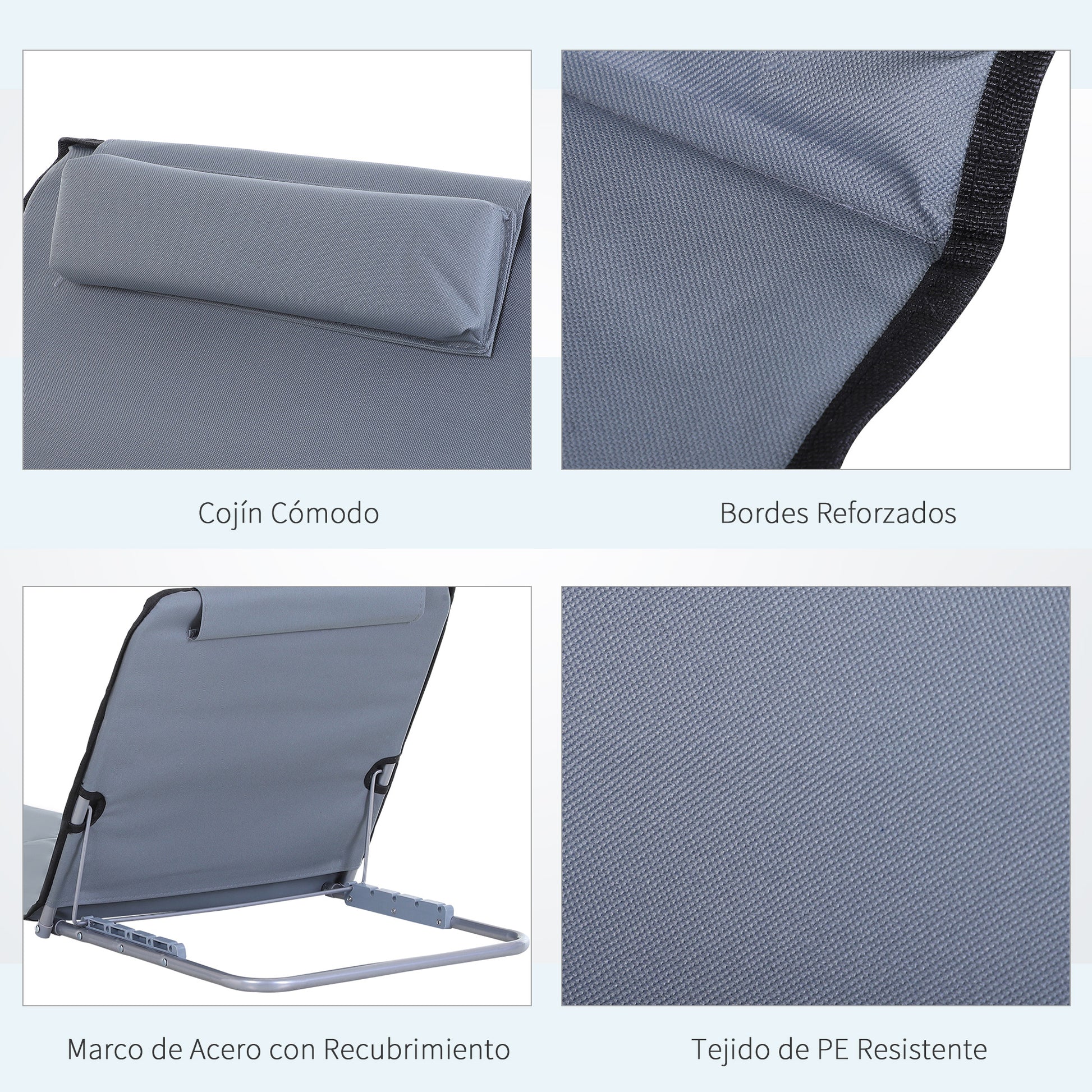 Set of 2 Foldable Beach Mats with Reclining Backrest in 5 Levels Headrest and Carry Bag 134x48x33-43 cm Gray