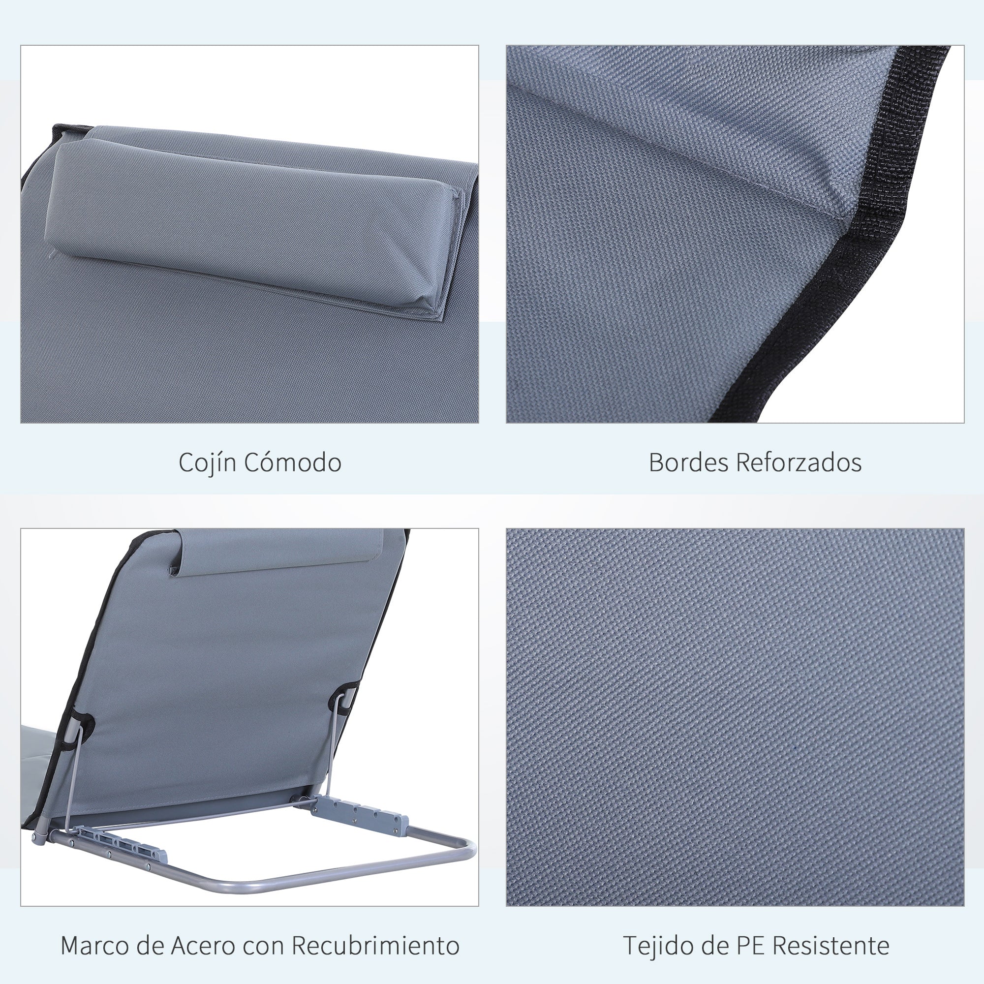 Set of 2 Foldable Beach Mats with Reclining Backrest in 5 Levels Headrest and Carry Bag 134x48x33-43 cm Gray