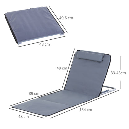 Set of 2 Foldable Beach Mats with Reclining Backrest in 5 Levels Headrest and Carry Bag 134x48x33-43 cm Gray