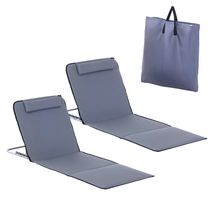 Set of 2 Foldable Beach Mats with Reclining Backrest in 5 Levels Headrest and Carry Bag 134x48x33-43 cm Gray