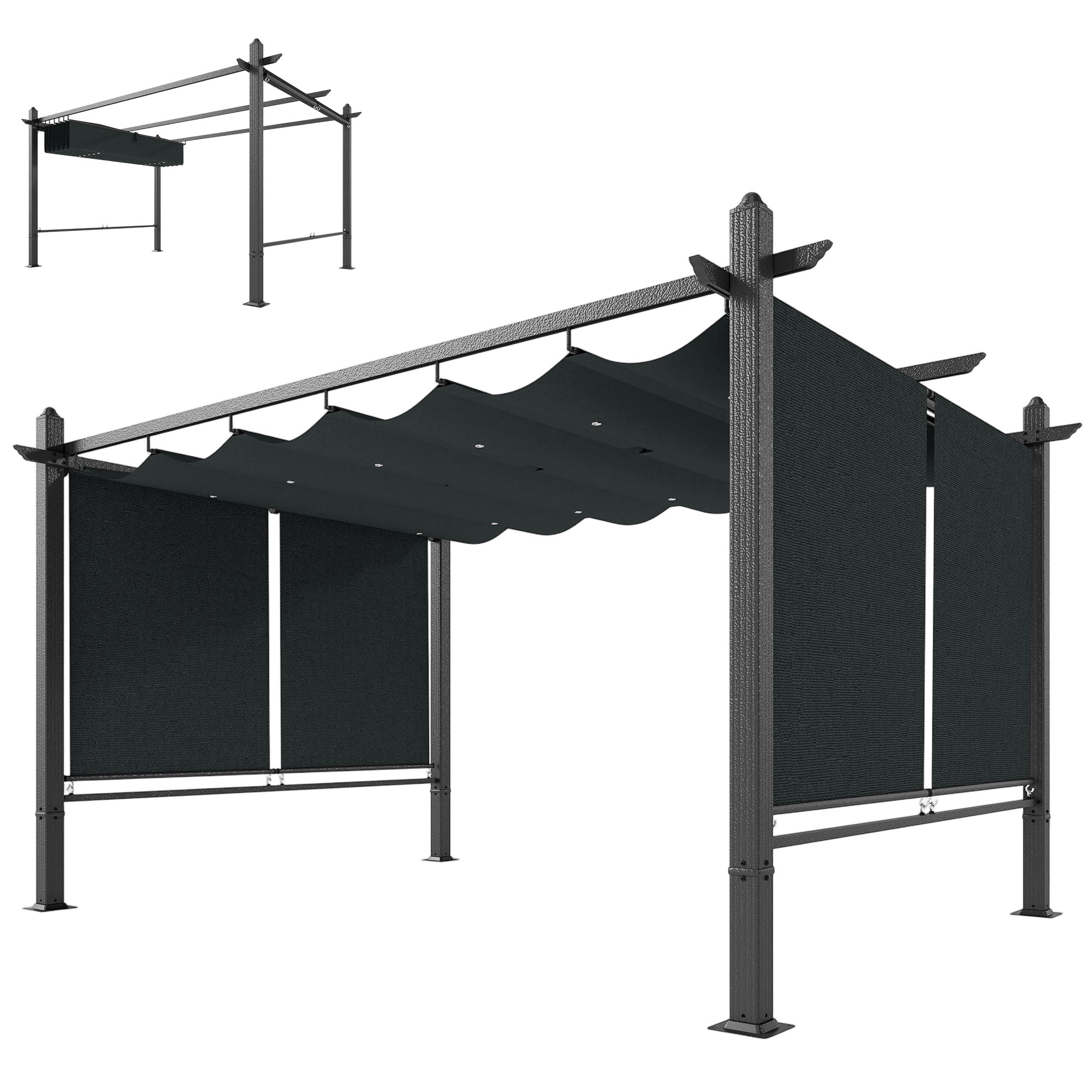 13' x 10' (4 x 3 m) Retractable Garden Pergola with 4 Automatic Roll-Up Curtains, UV50+ Canopy, Aluminum Frame, Integrated Drainage — Dark Gray