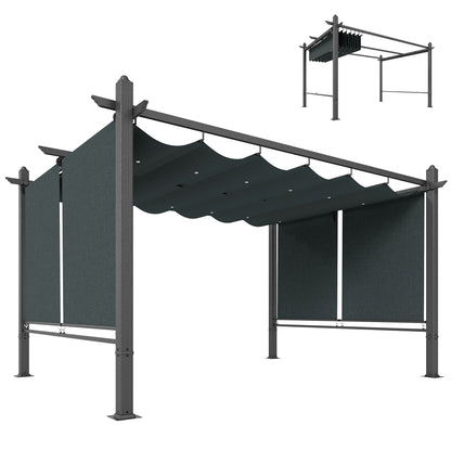 13' x 10' (4 x 3 m) Retractable Garden Pergola with 4 Automatic Roll-Up Curtains, UV50+ Canopy, Aluminum Frame, Integrated Drainage — Dark Gray
