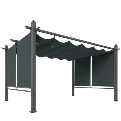 13' x 10' (4 x 3 m) Retractable Garden Pergola with 4 Automatic Roll-Up Curtains, UV50+ Canopy, Aluminum Frame, Integrated Drainage — Dark Gray