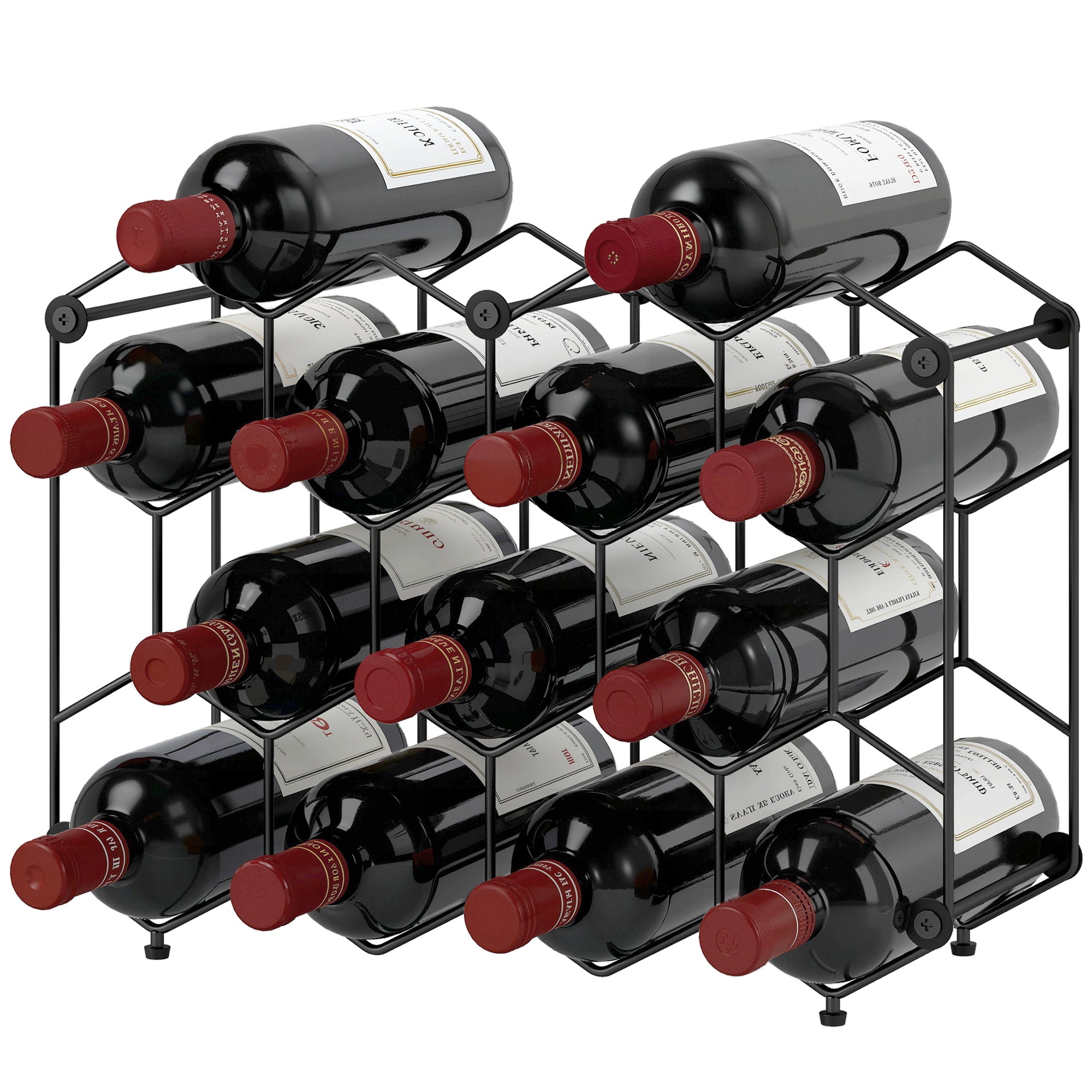 Industrial Honeycomb Wine Rack for 13 Bottles, Metal, Adjustable Feet & Anti-Tip Strap, Black