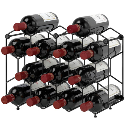 Industrial Honeycomb Wine Rack for 13 Bottles, Metal, Adjustable Feet & Anti-Tip Strap, Black