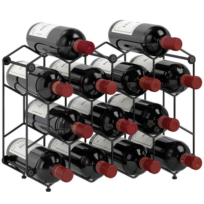 Industrial Honeycomb Wine Rack for 13 Bottles, Metal, Adjustable Feet & Anti-Tip Strap, Black