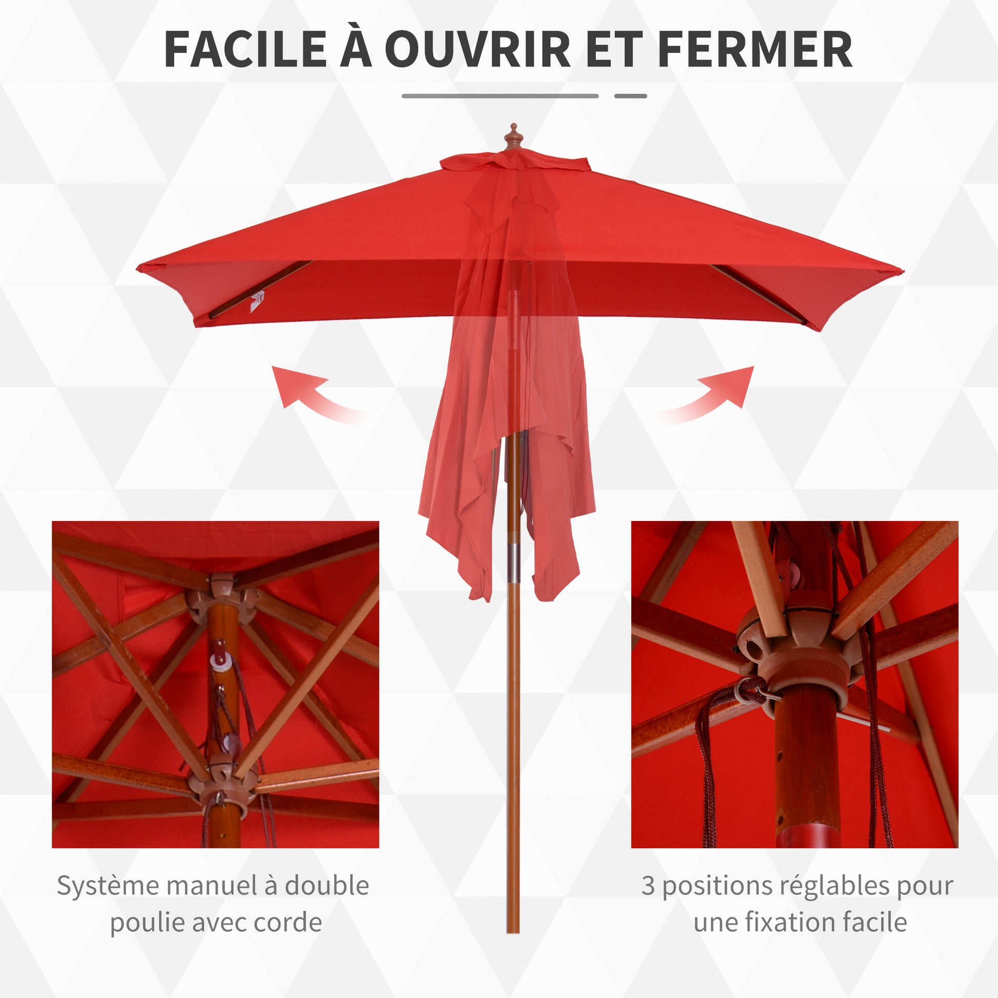 Outdoor Garden Parasol Rectangular Tilting Bamboo High Density Polyester 2L x 1.5W x 2.3H m Red