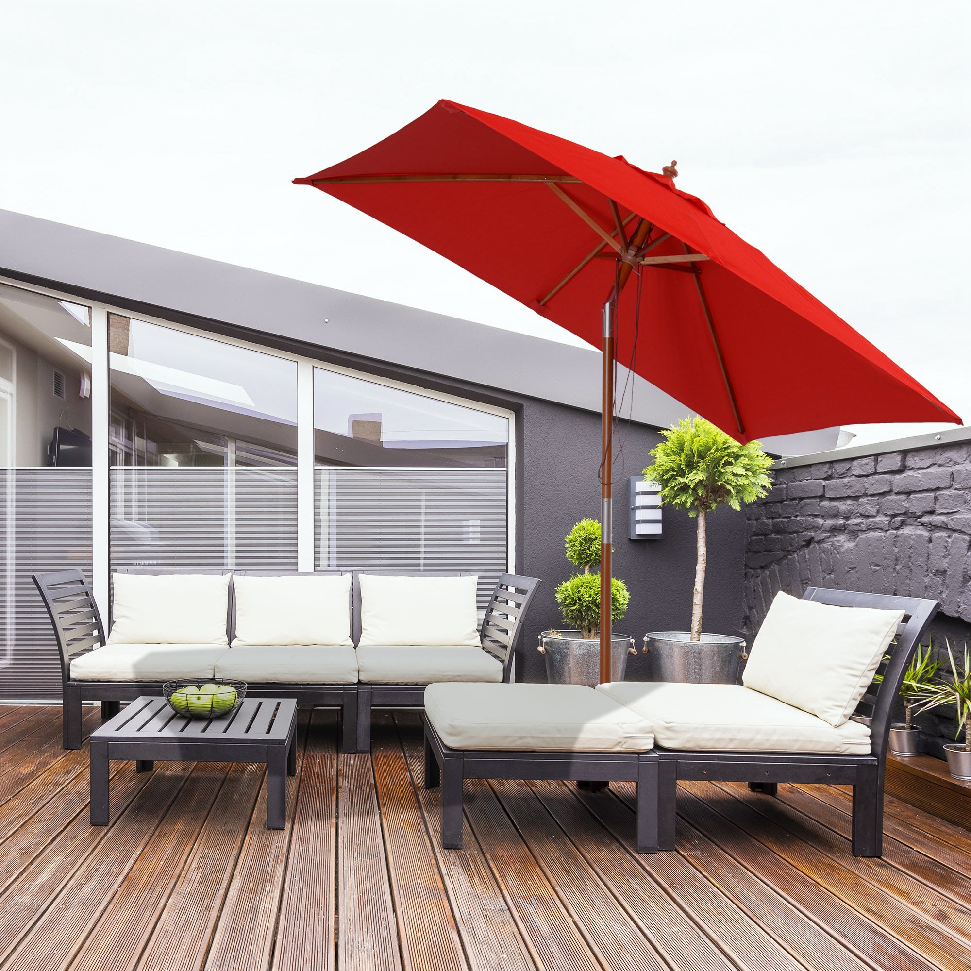 Outdoor Garden Parasol Rectangular Tilting Bamboo High Density Polyester 2L x 1.5W x 2.3H m Red